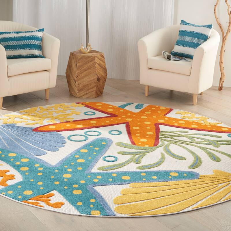 Nourison Aloha Coastal Starfish Indoor/Outdoor Area Rug - 7'10" Round - Blue/Orange/Yellow