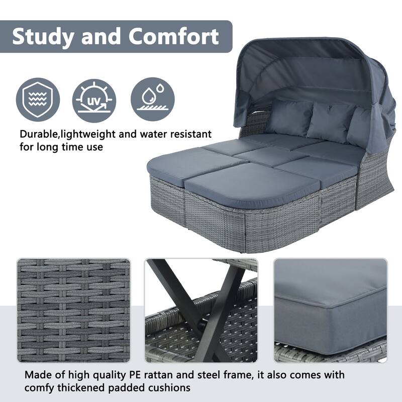 6 Piece Patio Sectional Conversation Set Outdoor Rattan Daybed Rectangle Sunbed with Retractable Canopy and Storage Coffee Table