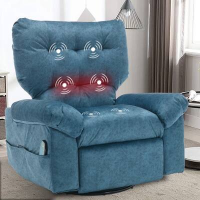Blue 360° Swivel Rocker Recliner with Vibration Massage, Lumbar Heating, Side Pockets