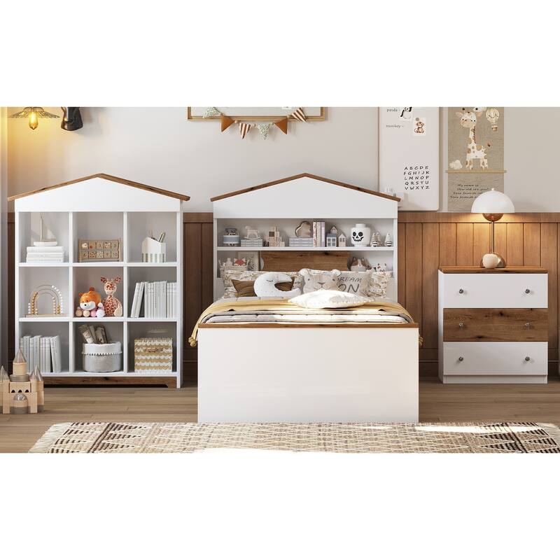 Fun House-Shaped Twin Platform Bed with Storage Drawers and Headboard Shelf, Brown and White