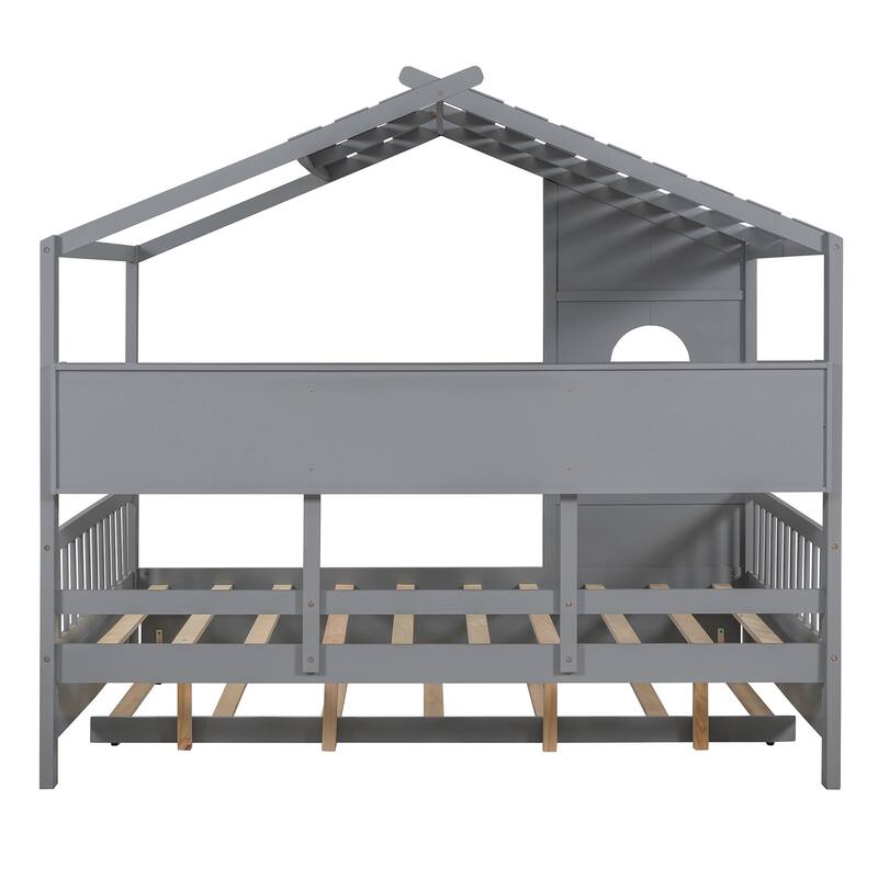 Gray Full Size Wooden House Bed with Trundle and Storage Shelf