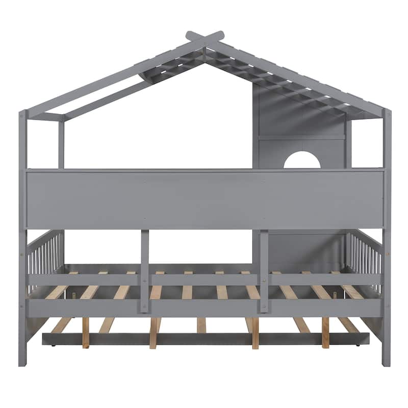 Wooden Full Size House Bed With Trundle, Modern Design For Kids With Storage Shlef
