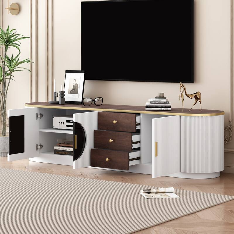 Oval-shaped Top TV Stand for TVs up to 80 Inches, Fluted Media Storage Cabinet TV Console with 3 Drawers