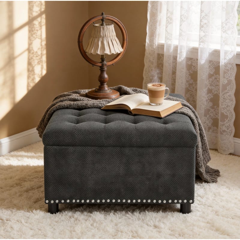 Square Tufted Upholstered Storage Ottoman with Nailhead Trim