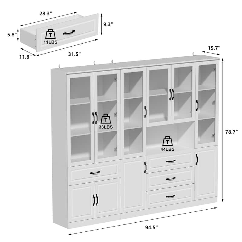 78.7" Large Combo Storage Cabinet Display Bookcase Glass Doors Pantry