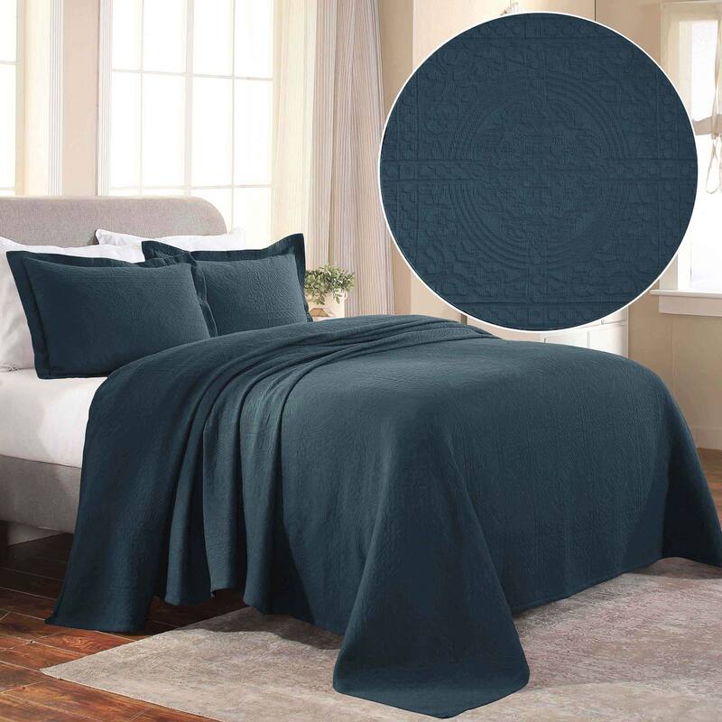 Superior Fleur De Lis Cotton Decorative Bedspread Set - Deep Sea - Full