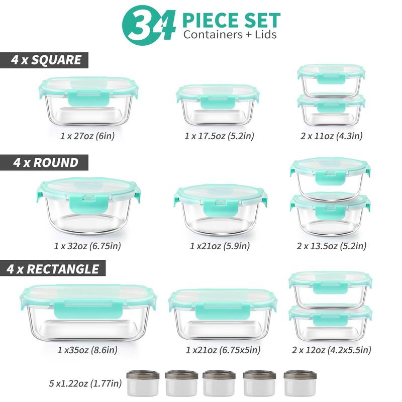 34pcs Glass Food Storage Containers with Lids Set, Airtight Glass Meal Prep Containers (17 Containers & 17 Lids)