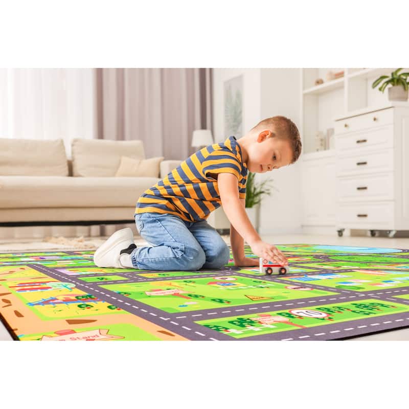 Sorbus City Streets Car Road Map – Interactive Toy Car Route, Activity Area Carpet Rug Floor Playmat, Washable Rug for Kids (XL)