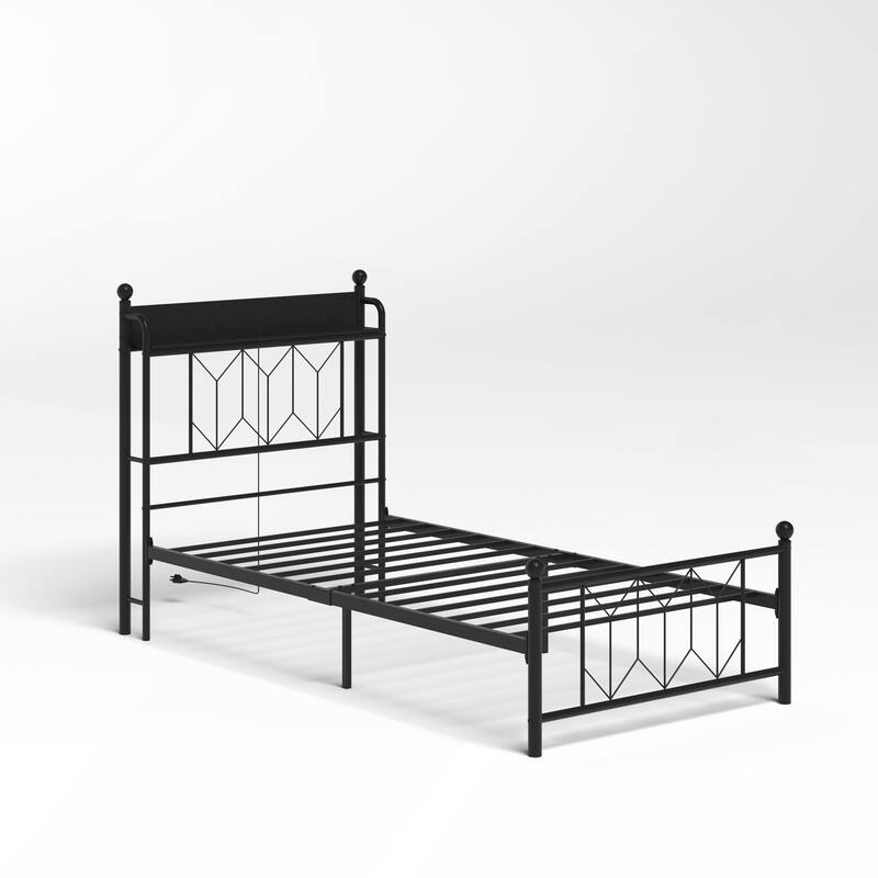 Twin Bed Frames with Headboard and Charging Station and LED Light
