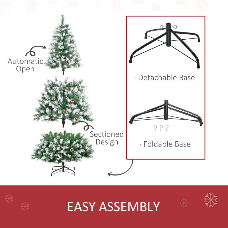 6FT Flocked Christmas Tree with Pinecones - Snow-Dusted Branches, Easy Assembly, Steel Base