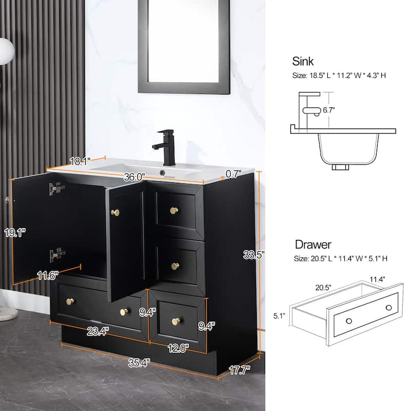 Solid Wood Bathroom Vanity Cabinet with Ceramic Undermount Sink Top Skirting Design