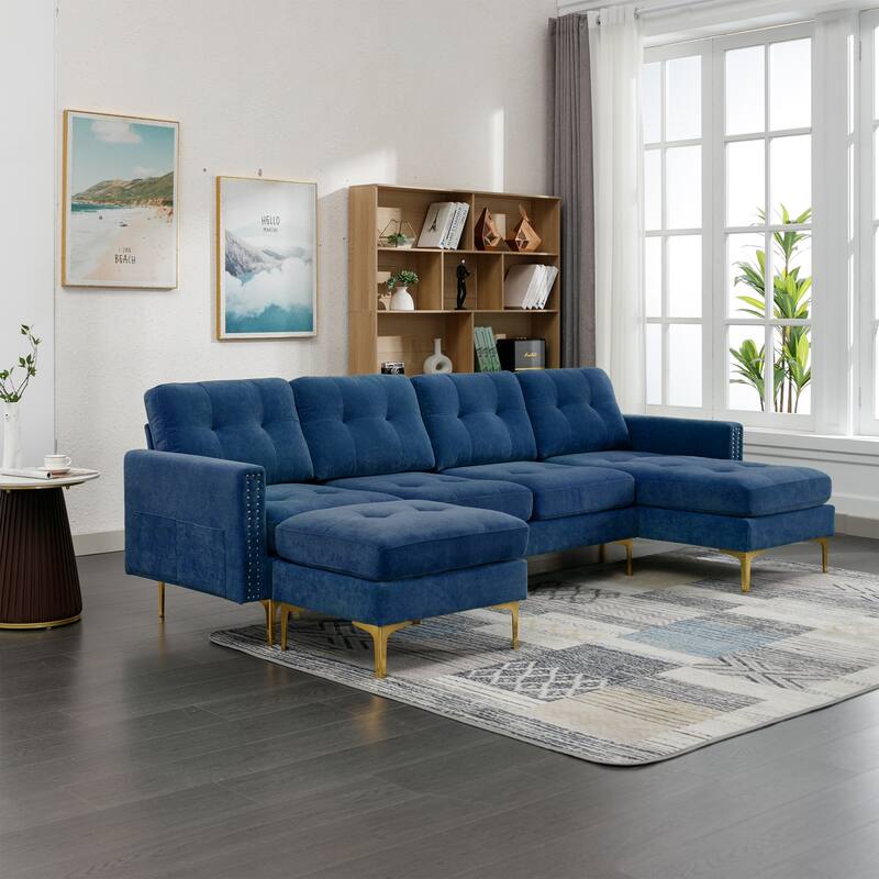 Convertible L-Shaped Velvet Sectional Sofa with Movable Ottoman and Gold Metal Legs for Living Room