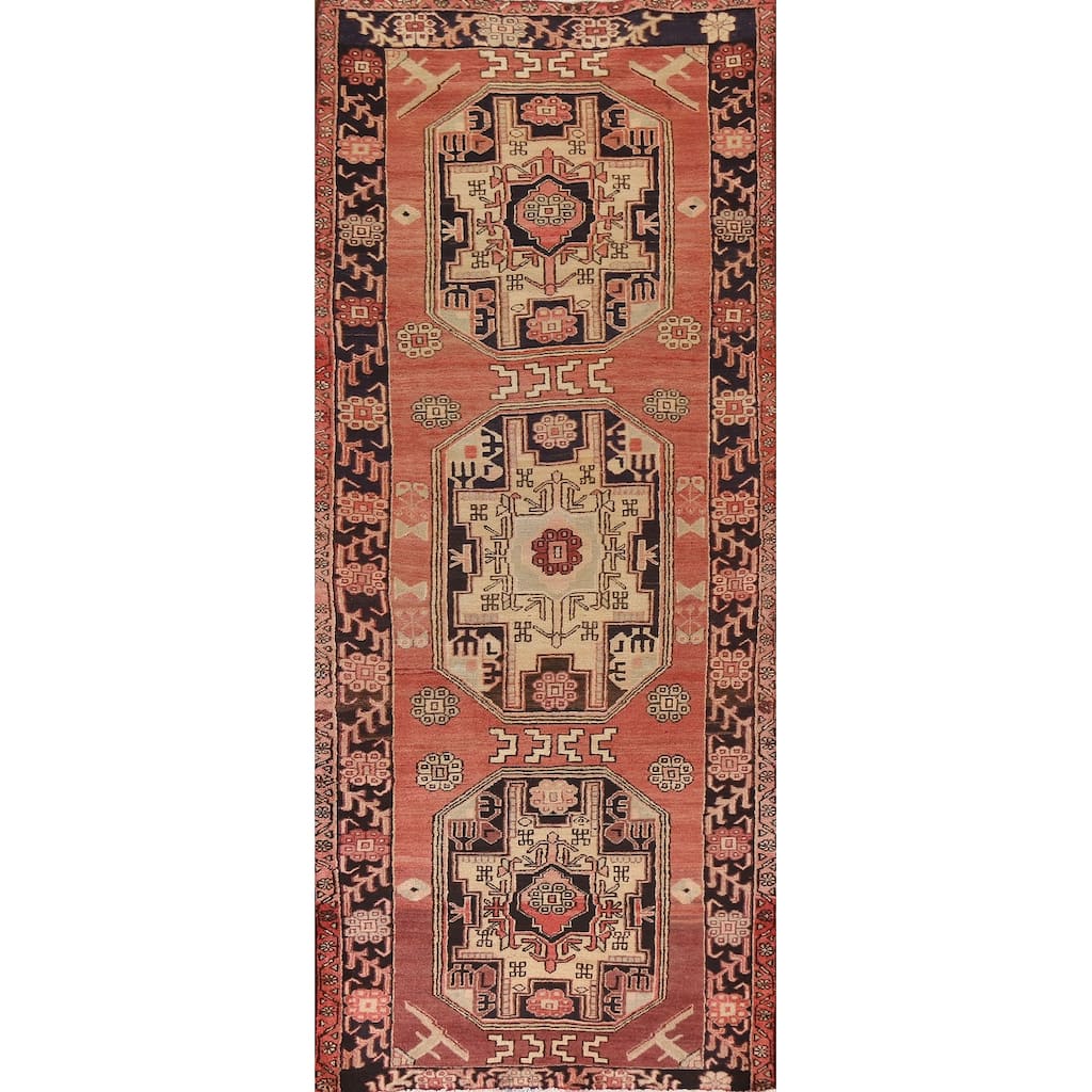 Vegetable Dye Coral Ardebil Persian Vintage Runner Rug Wool Carpet - 3'7"x 10'0"