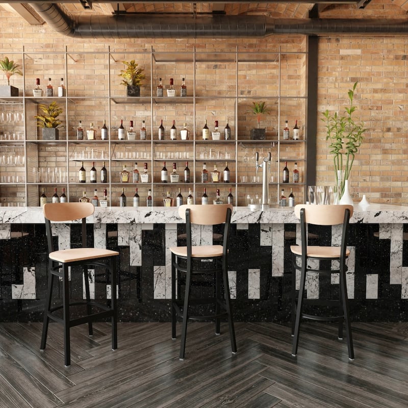 Commercial Metal Barstool with Wood Seat and Boomerang Back