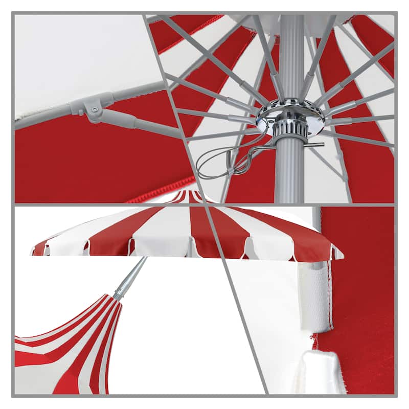 California Umbrella 8.5' Pagoda Series Patio Umbrella Silver Anodized Aluminum Pole Push Lift Sunbrella Natural & Pacific Blue