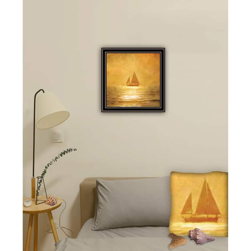 TrendyDecor4U Contemporary "Solo Gold Sunset Sailboat" Framed Print Wall Art