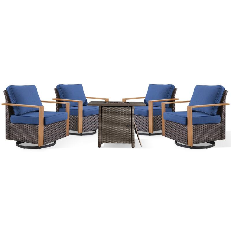 Meyreso 5-Piece Wicker Swivel Glider Fire Pit Set with Plush 4.5" Olefin Cushions