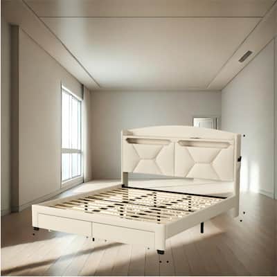 Modern Queen Bed with RGB LED Headboard, Storage Shelves, USB & Type-C Ports, Footboard Drawers, Side Pocket