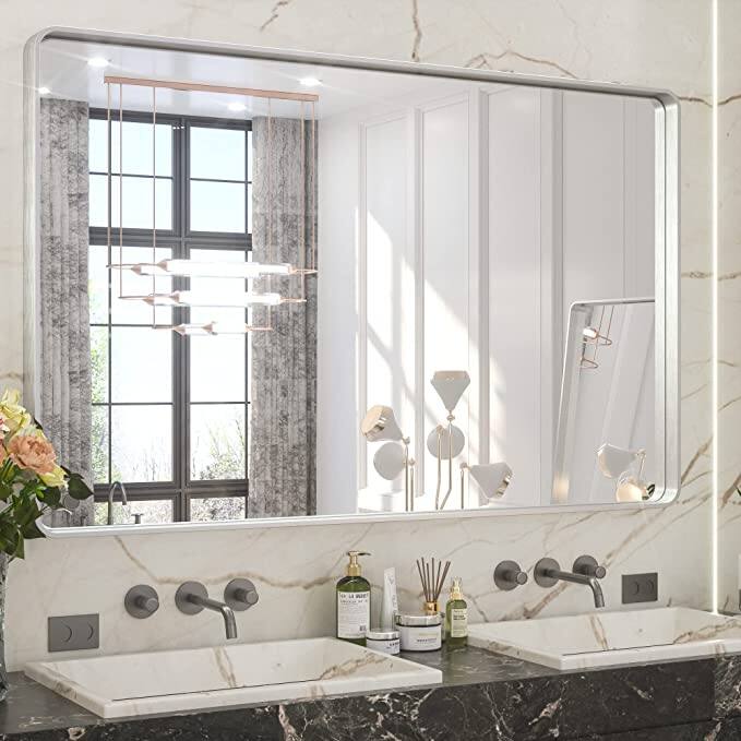 TETOTE Modern Metal Frame Wall Mounted Bathroom Vanity Mirror - 48x30 - Silver