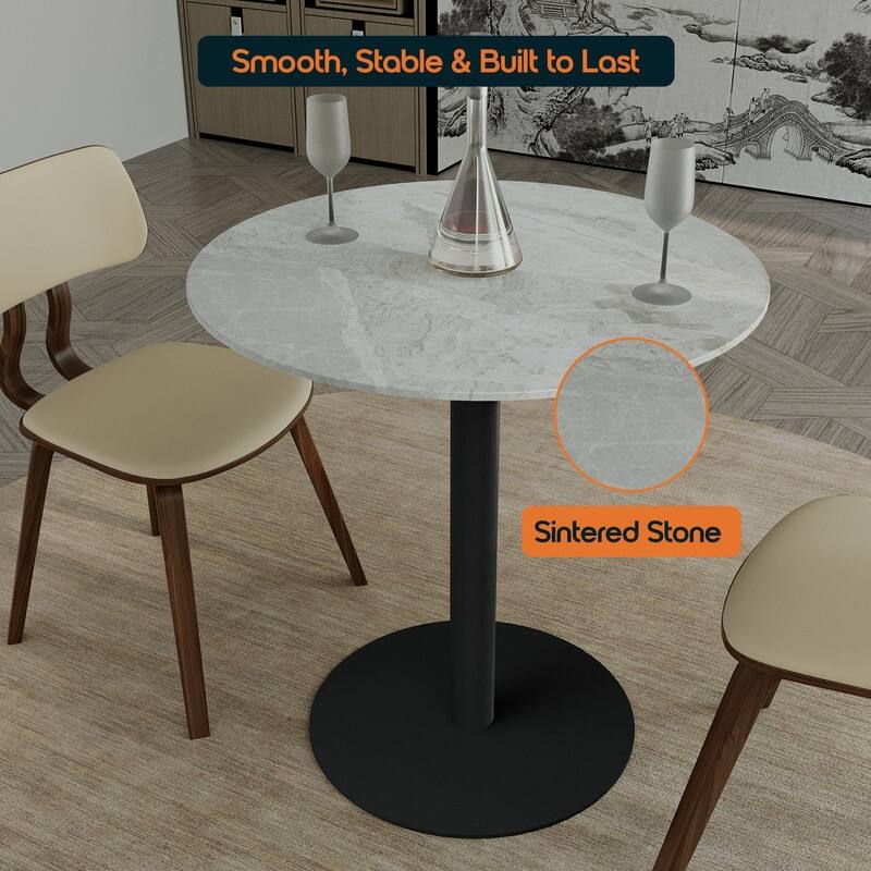 Vail Round Dining Table 27 in. Sintered Stone Tabletop in Black Stainless Steel Round Pedestal Base for Kitchen and Dining Room