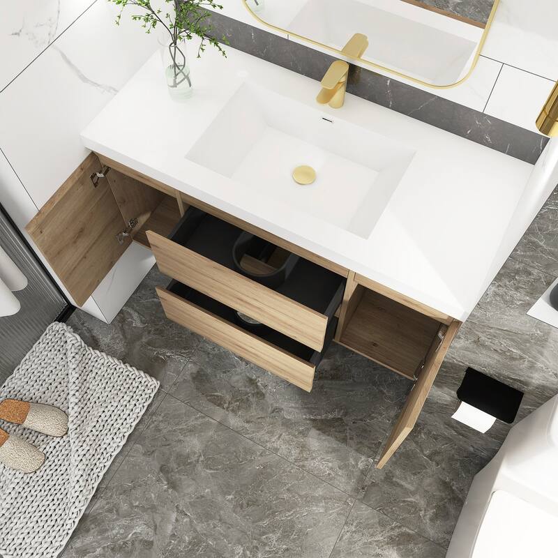 MDF Wall-Mounted Bathroom Vanity Set in Oak with Integrated Culture Marble Sink