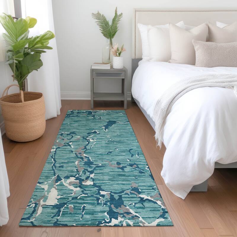 Machine Washable Indoor/ Outdoor Abstract Camo Chantille Rug - Teal - 2'3" x 7'6"