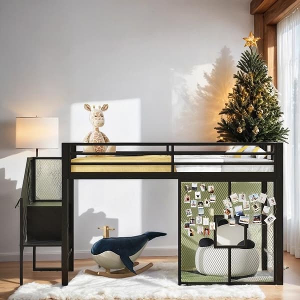 slide 2 of 16, Twin Size Metal Low Loft Bed Frame with Storage Staircase and Iron mesh, Black Black