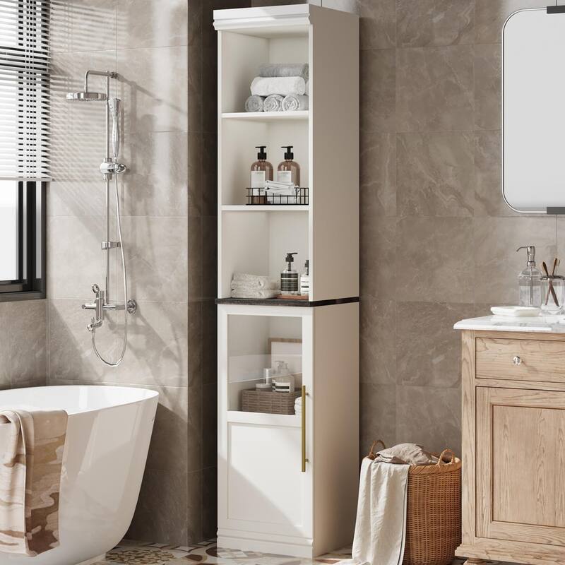 70 Inch Tall Narrow Storage Cabinet with Open Shelves for Small Spaces, Bathroom, Laundry Room Corner - White