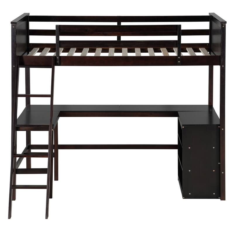 Twin Size Loft Bed With Shelves And Desk, Wooden Loft Bed With Desk - Espresso
