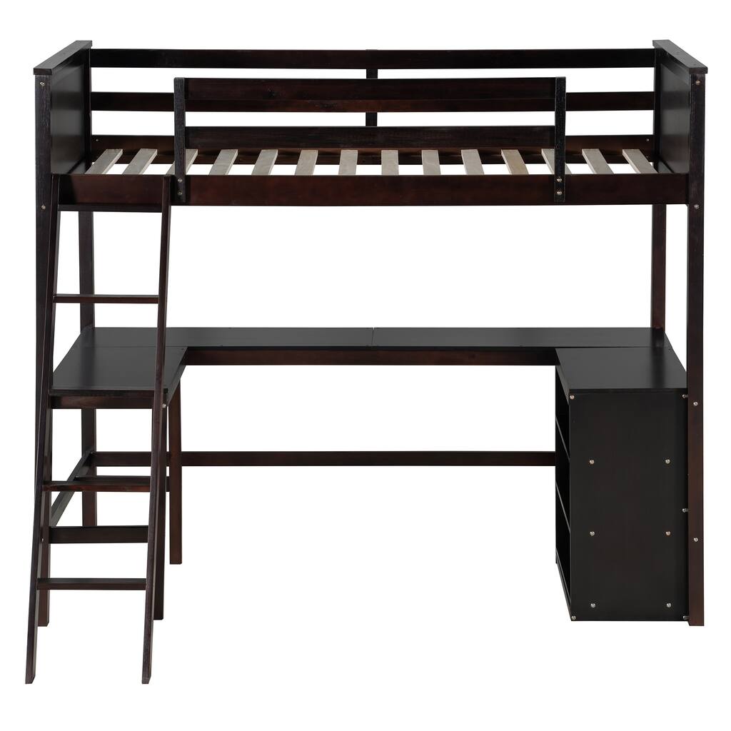 Twin Size Loft Bed With Shelves And Desk, Wooden Loft Bed With Desk - Espresso
