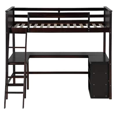 Twin Size Loft Bed With Shelves And Desk, Wooden Loft Bed With Desk - Espresso