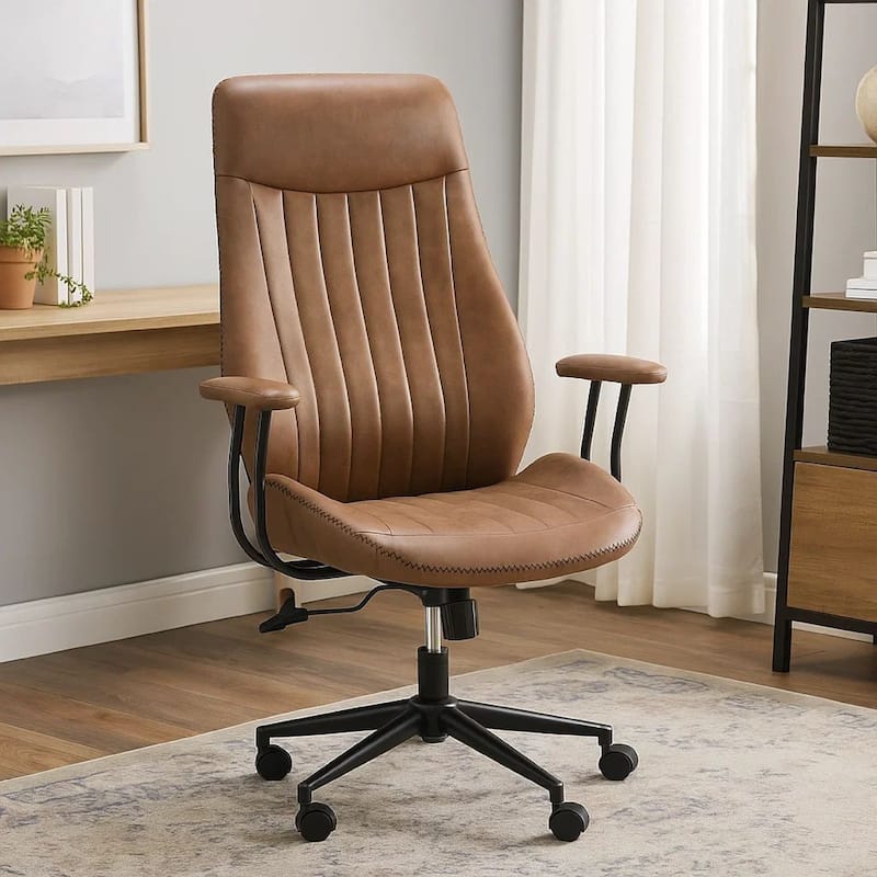 Anie Adjustable Desk Chair, Rolling Base, Brown Tufted Faux Leather