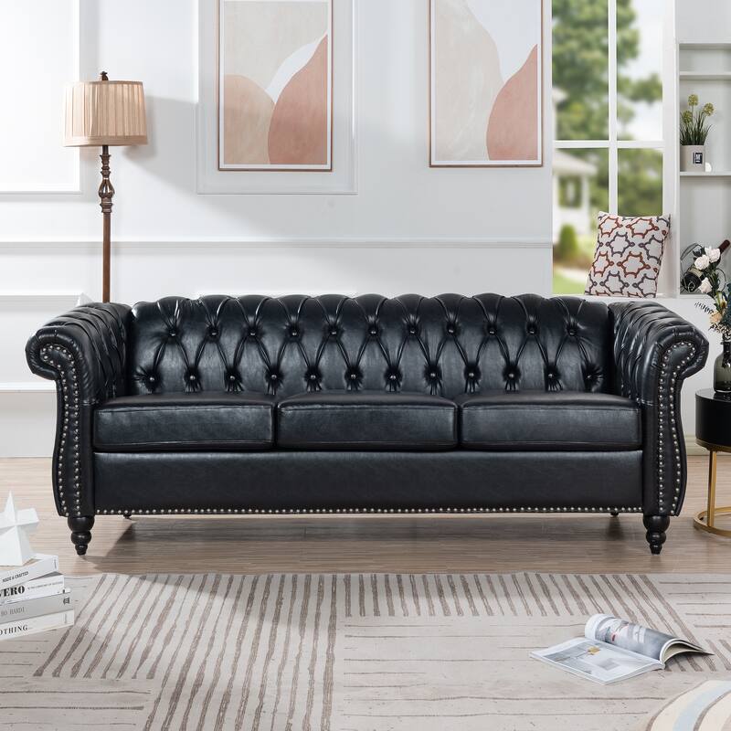 Classically Elegant 84.65" Three-Seater Rolled Arm Chesterfield Sofa in PU Leather - Sturdy Birch Legs, Soft Upholstery - Black