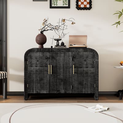 Fir Veneer Storage Cabinet, Curved Sideboard with Gold Handles for Living Room & Dining Room