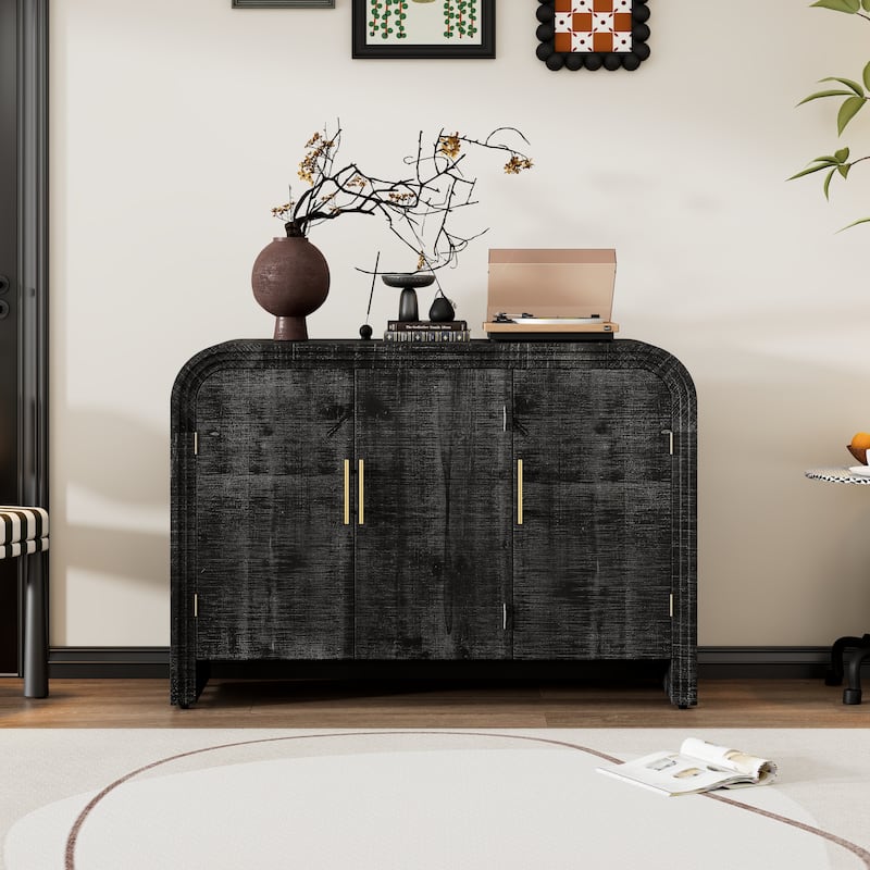 Wooden Storage Cabinet with 4 Door, Curved Sideboard with Gold Handles, Buffet Cabinet with Adjustable Dividers