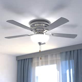 Expo 42 in. Satin Nickel Low Profile Flush Mount Ceiling Fan with Reversible Maple-Silver Blades, LED Light Kit and Pull Chain