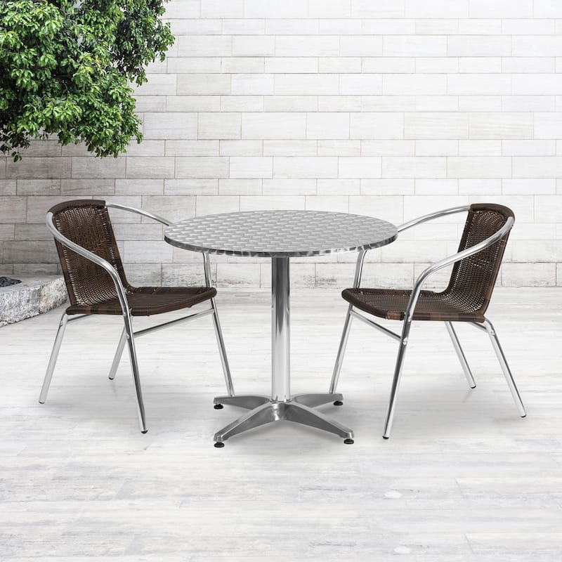31.5'' Round Aluminum Indoor-Outdoor Table Set with 2 Rattan Chairs
