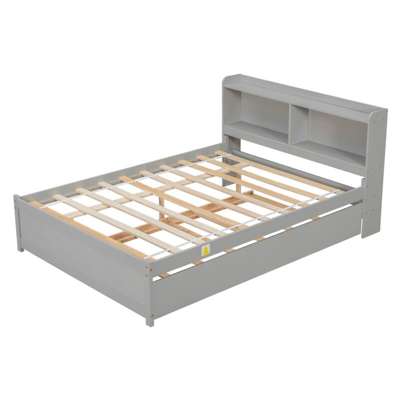 Twin/Full Bed with Trundle and Bookcase Headboard, Wood Storage Bed Frame with Shelves, No Box Spring