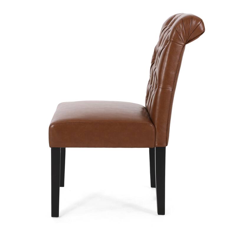 Set of 2 Dining Chairs, Tufted Accent Chairs Kitchen, Light Brown PU Leather Upholstered Dining Room Chair with Wooden Legs