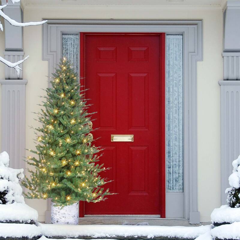 7.5' Potted Green Pine Medium Artificial Christmas Tree, Clear Lights - 7.5 Foot