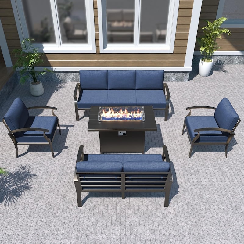 Aluminum Patio Furniture Set with FirePit Ottomans Swivel Chairs,Sectional Sofa with Thick Seat Cushions for Porch Garden - 7-Seats - Navy Blue