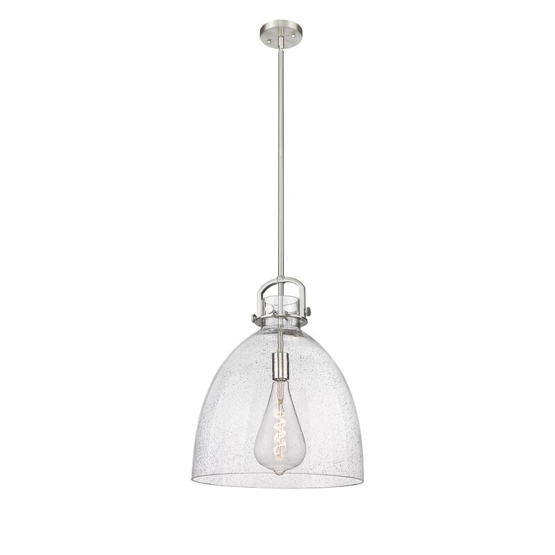 Innovations Lighting Newton Bell - 1 Light 16" Stem Hung Pendant - Satin Nickel/Seedy