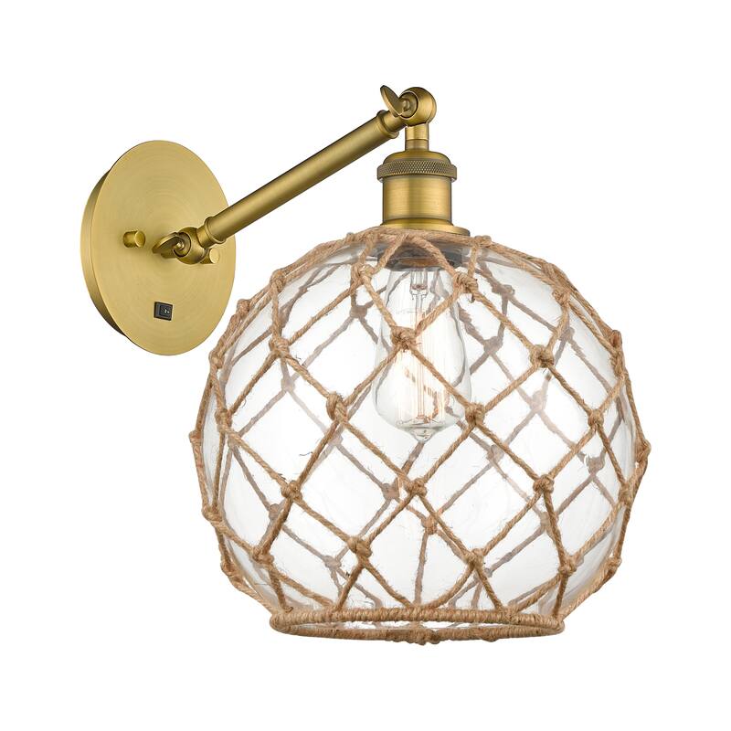 Innovations Lighting Endless Possibilities Ballston - Farmhouse Rope - 1 Light 10" Adjustable Sconce - Arm Adjusts Up and Down - Clear Glass with Brown Rope/Brushed Brass