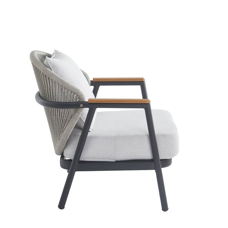 Roomfitters Orla Outdoor Rope Club Chairs with Plastic Wood Armrests and Cushions, Grey Finish