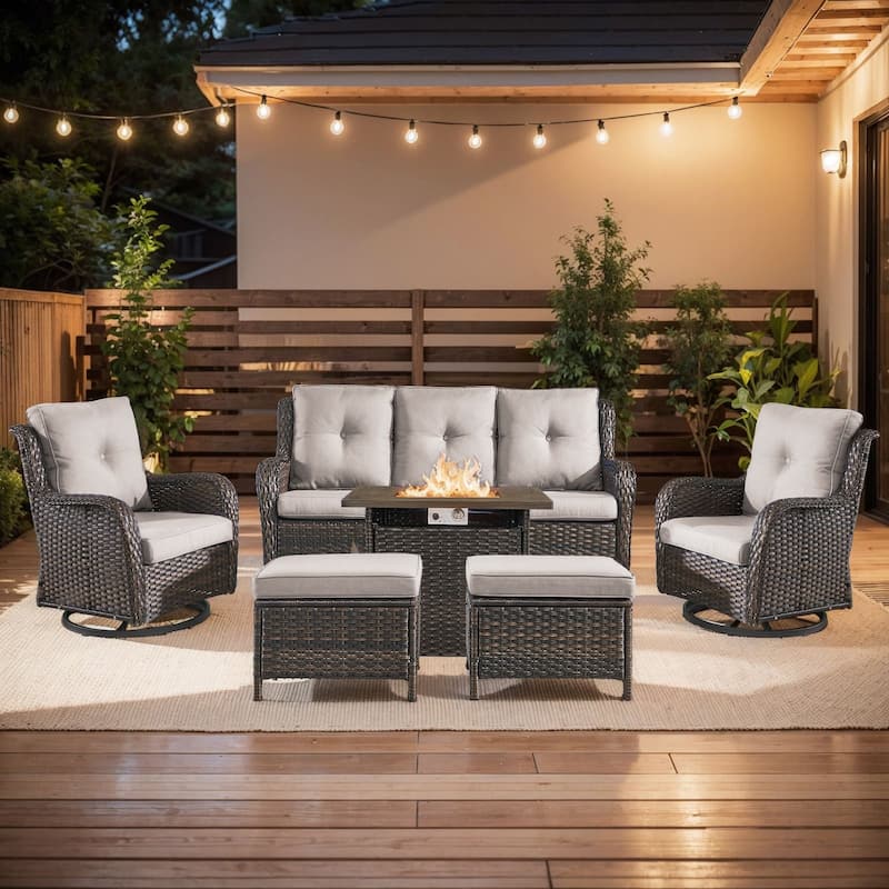 Pocassy 6 Pieces Fire Pit Table with Sofa Swivel Chairs Ottoman - Brown Wicker Beige Cushion - 6 Pieces Sofa Chair Ottoman with Fire Table
