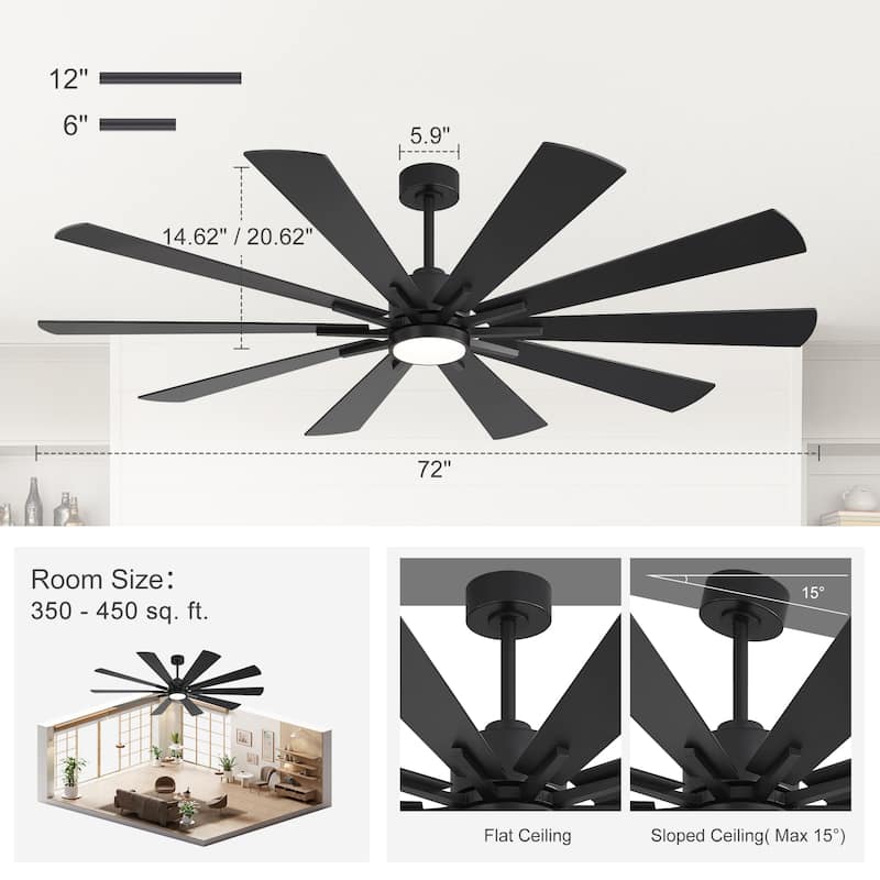 62"/72" Reversible 10-Blade Large LED Ceiling Fan with Light and Remote