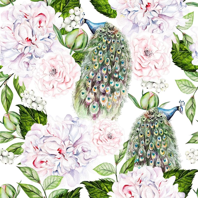 Peonies and Peacocks Wallpaper Peel and Stick and Prepasted Bed Bath