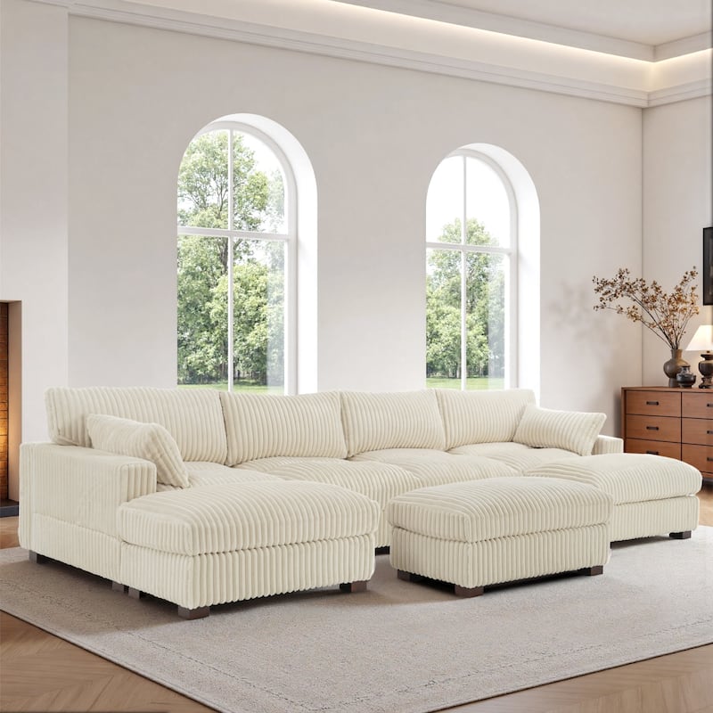 Oversied Plush Corduroy Fabric Modular Sectional Sofa with Chaise, Ottoman - Right Facing - White-6 Pieces