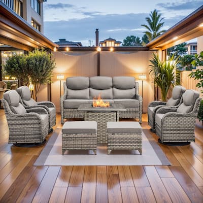 Pocassy Outdoor 6" Sofa Swivel Chair Ottoman with Fire Pit Table