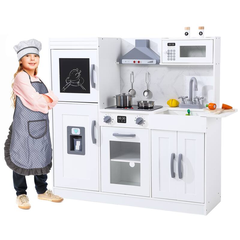 Wooden Play Kitchen for Kids with Cookware Playset,Lights & Sounds,20 Accessories and Ice Maker,Microwave,Oven,Range Hood,Sink - White